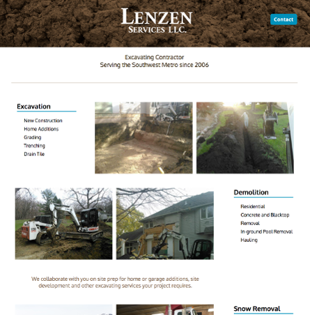 screenshot of excavating company website